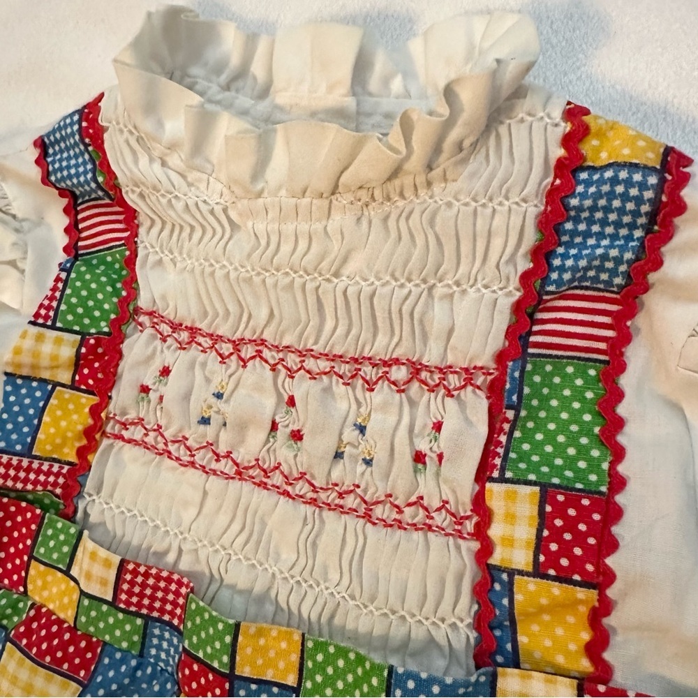 Vintage Girls Colorful Patchwork Smocked Short Sleeve Dress Baby 18/24M No Brand - Picture 6 of 6